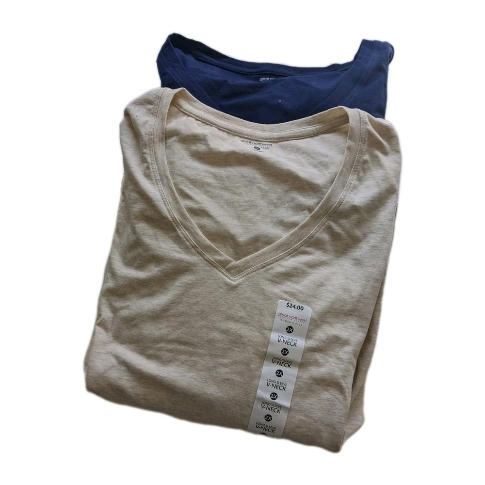 Plus Size Great Northwest Long Sleeve V-Neck Tee 2XL Blue & Sand 2 For 1! NWT